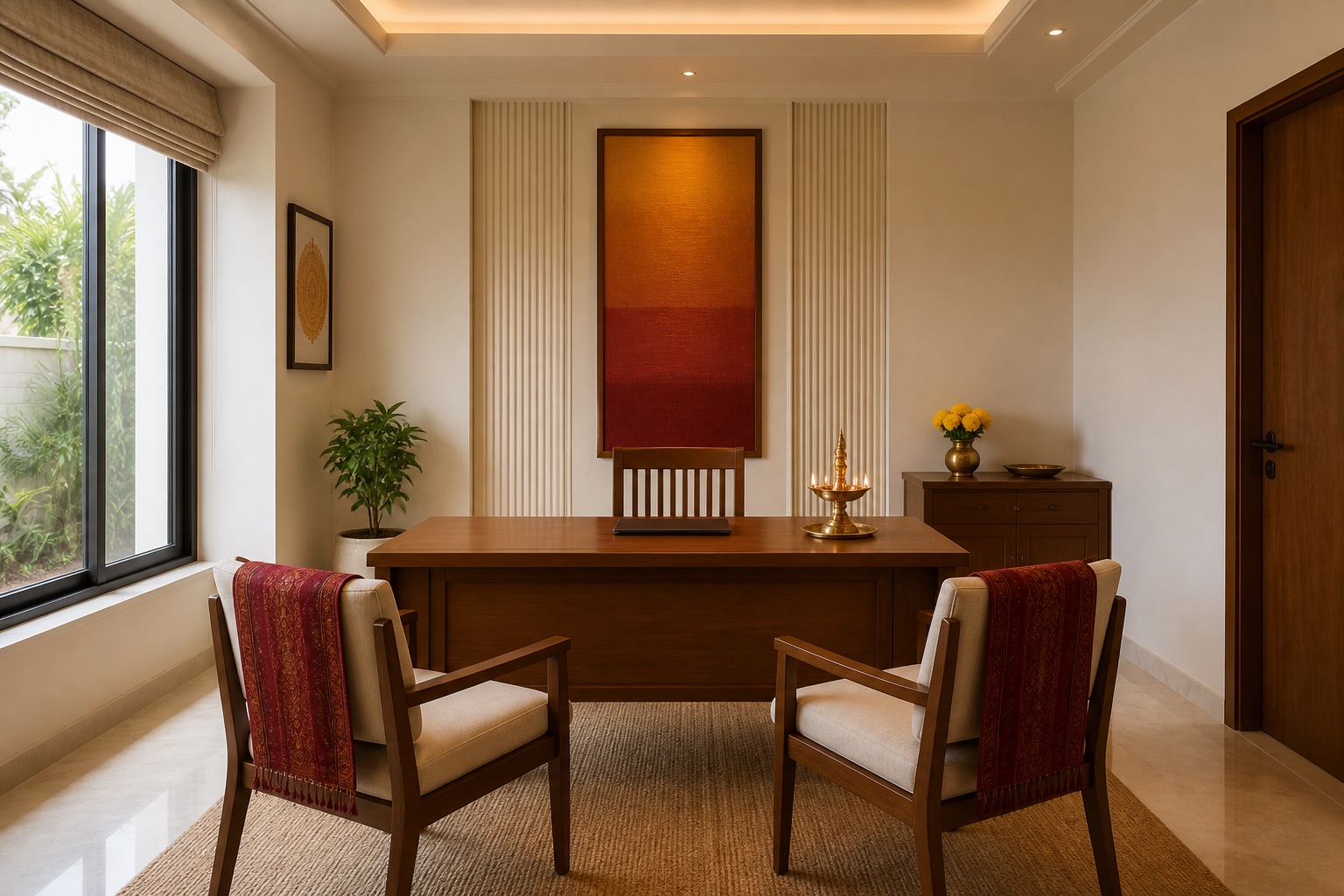 A calm consultation room with warm wood, natural light, and traditional Indian accents