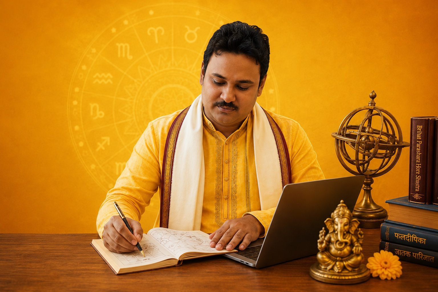 Sayak Sil studying a birth chart beside Vedic texts, a laptop, and traditional astrology instruments