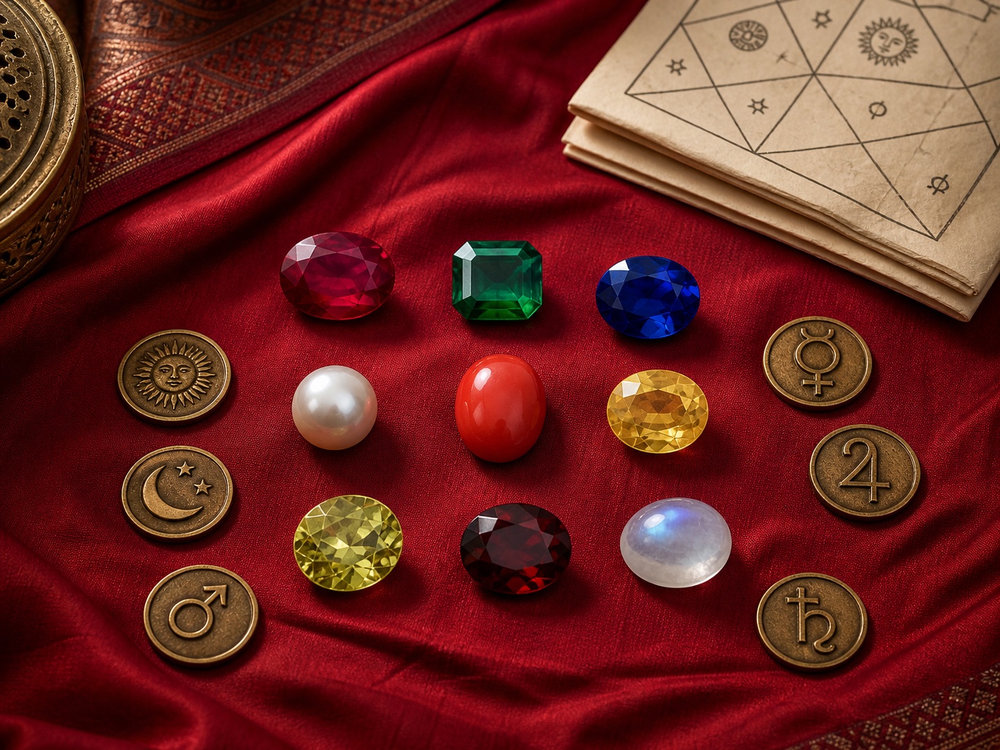 A considered arrangement of natural gemstones used in Vedic astrology