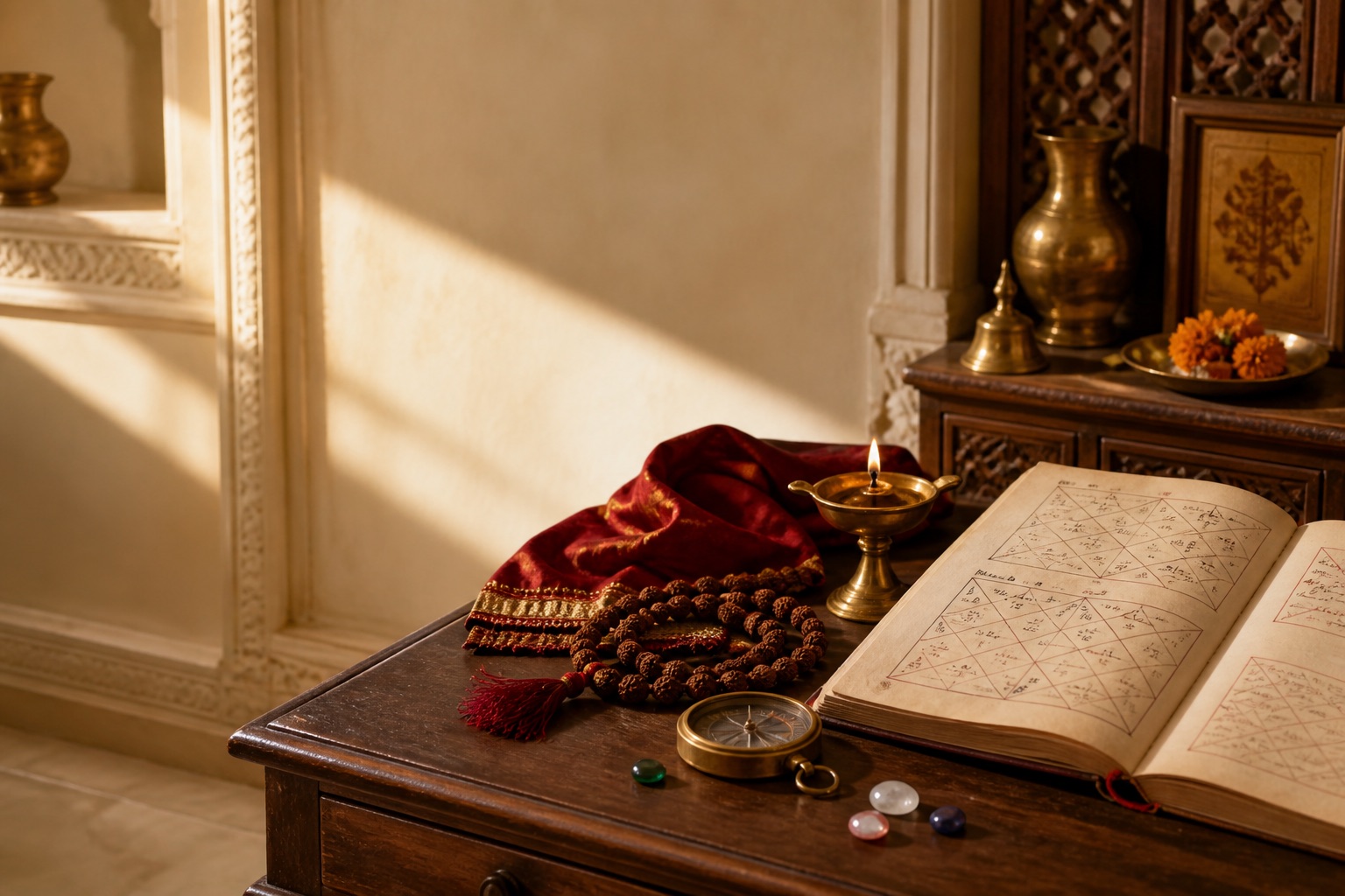 Traditional Vedic astrology desk with a birth chart, diya, rudraksha beads, and gemstones