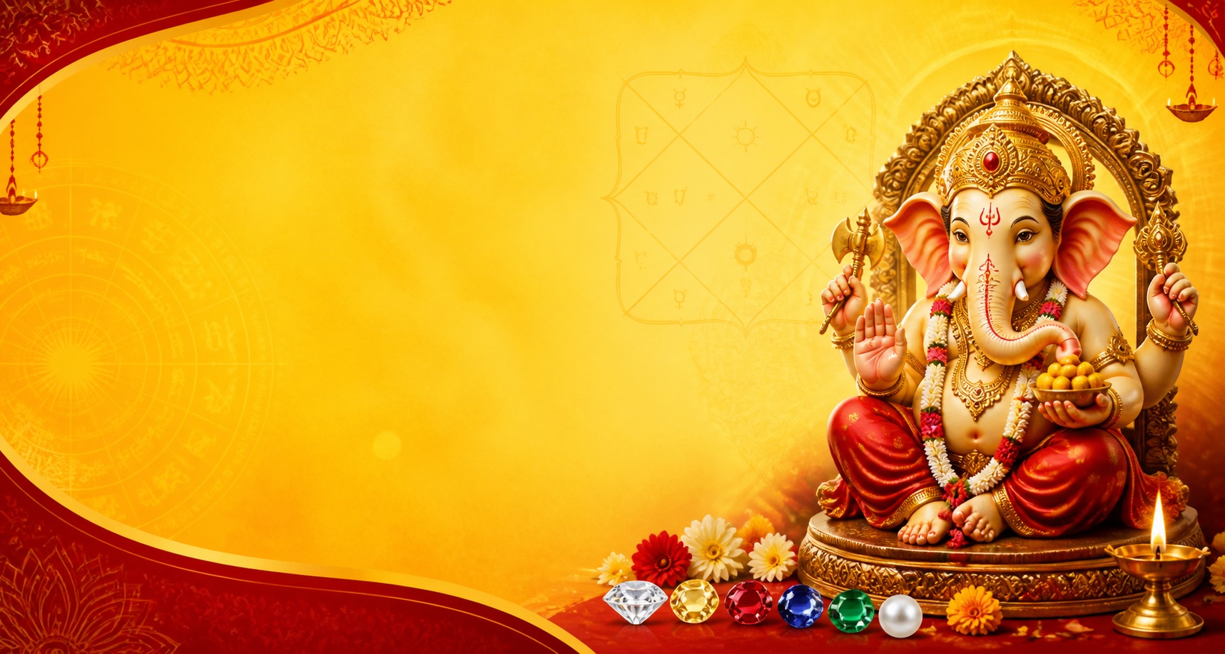 Lord Ganesha, Vedic chart motifs, diya lamps, and gemstones