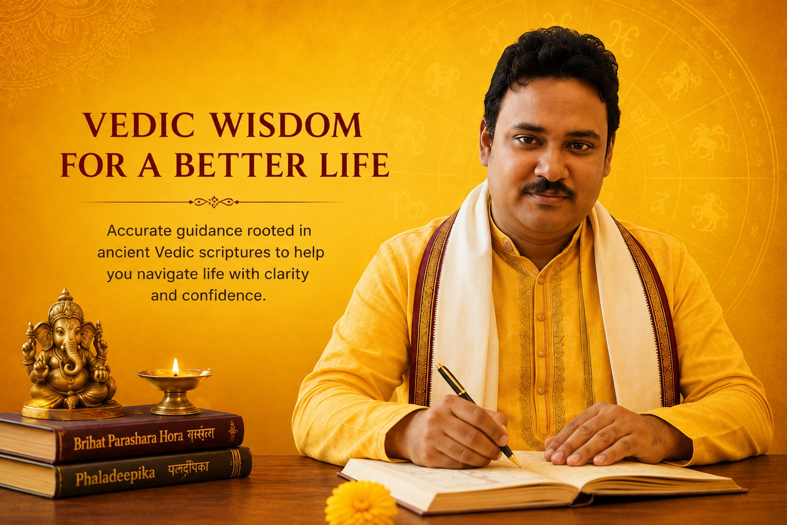 Portrait of a Vedic astrologer seated at a desk with sacred texts, a diya, and traditional symbolism